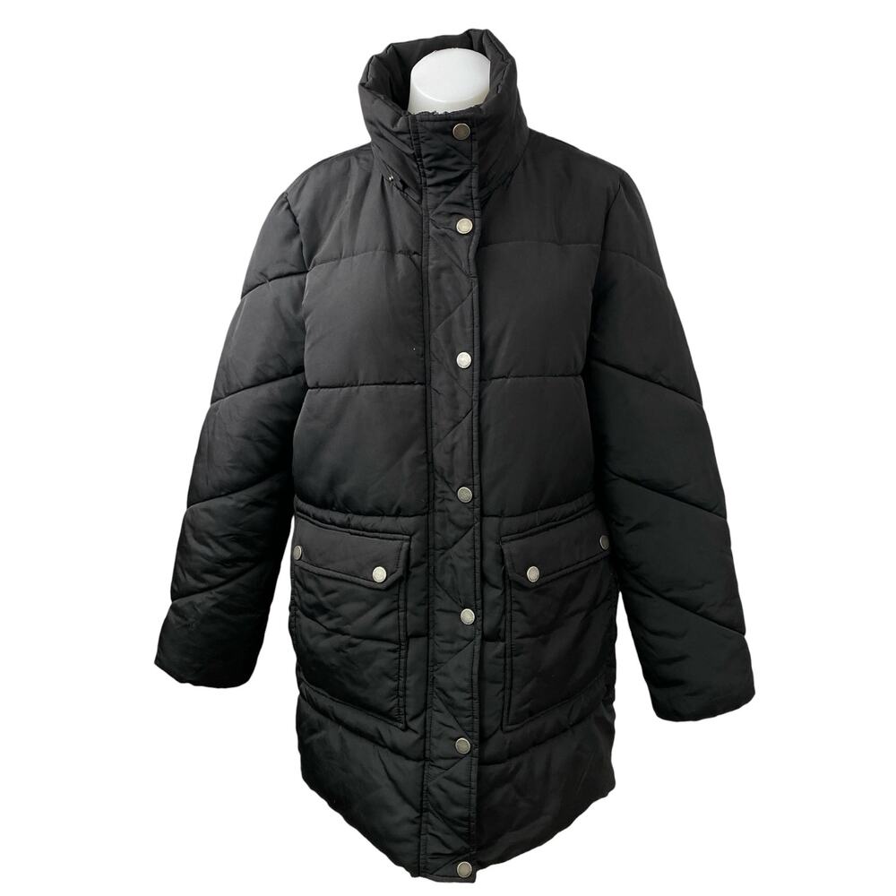 Lucky Brand Black High Neck Long Sleeve Button Zip Quilted Puffer Coat Jacket M